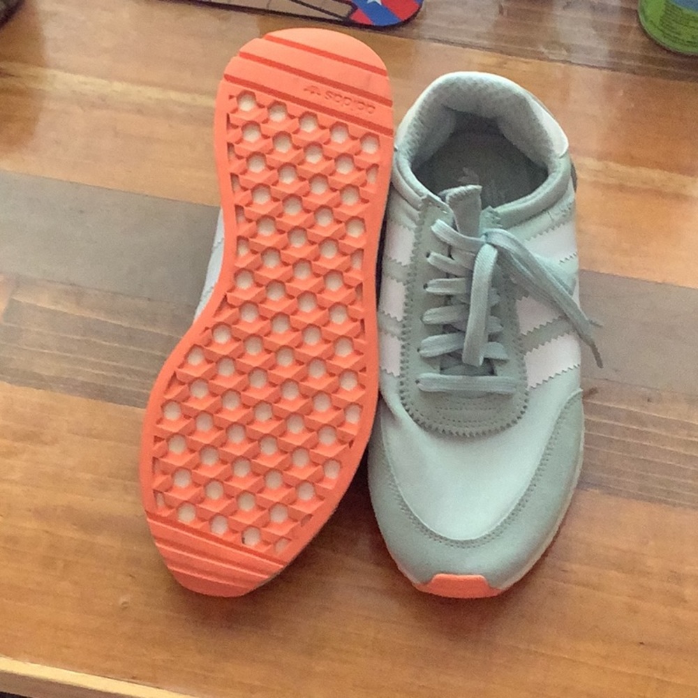 Adidas mint and white tennis shoes